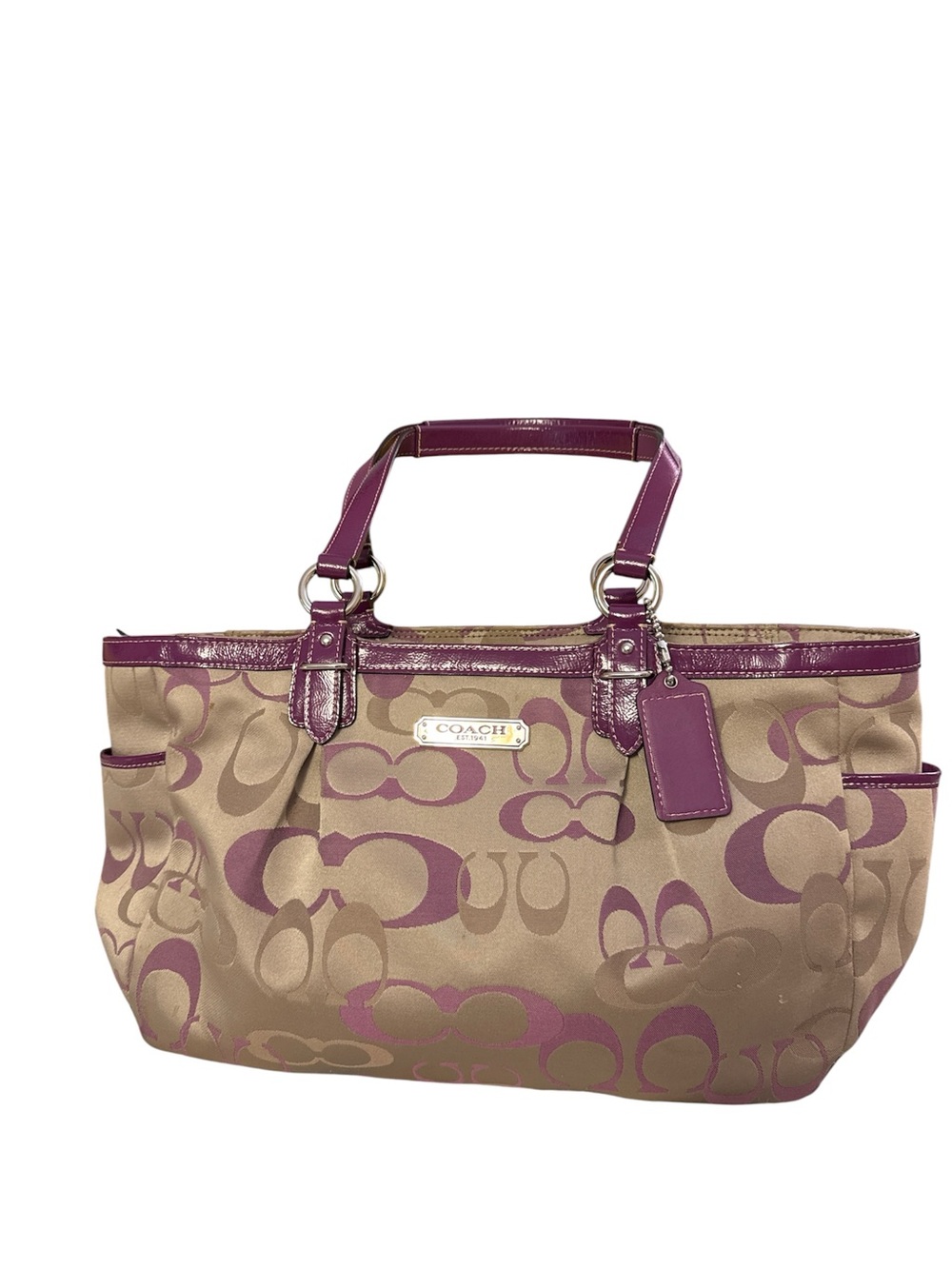 Coach Canvas Tote in Taupe with Plum Trim